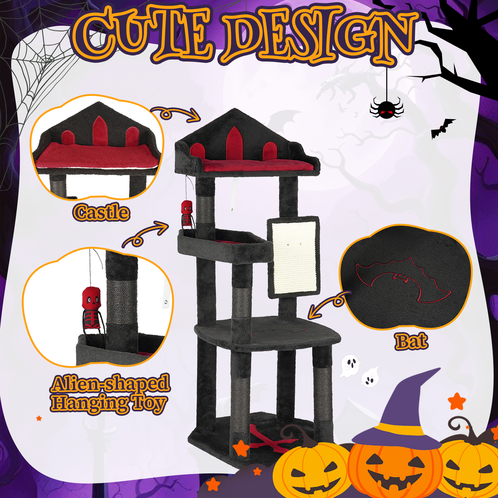 Zimtown 4-Tier Halloween Pet House with Coffin & Tombstone, Gothic Cat & Dog Mansion, Black & Red