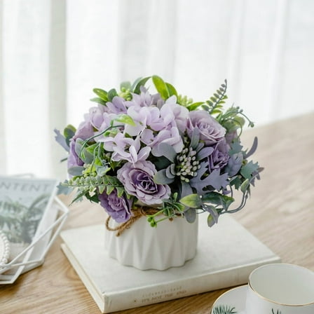 Zhuge Wedding Table Centerpieces, Artificial Faux Silk Flowers with Vase for Decoration, Purple D