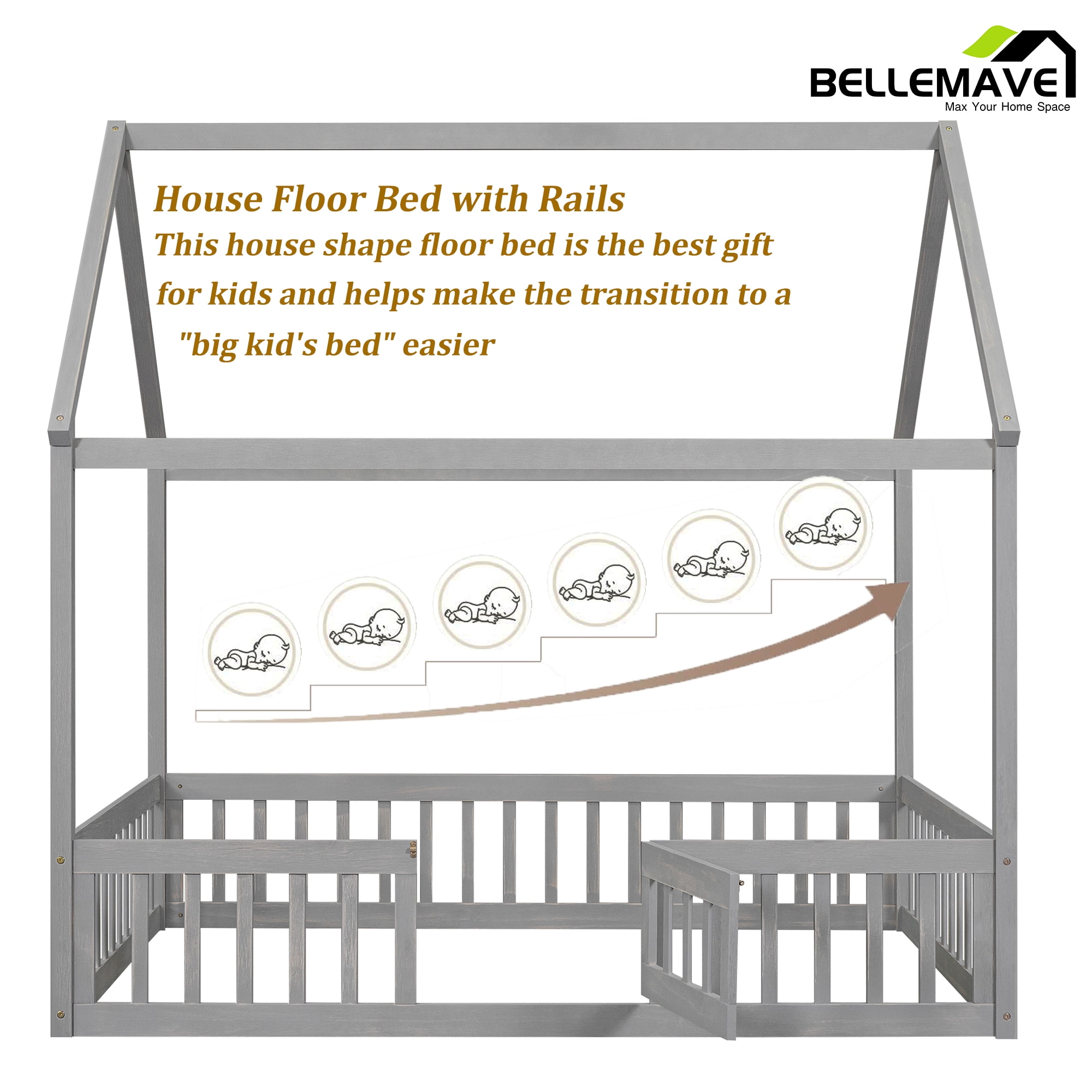 Full Size Montessori Bed, Full House Beds with Fence and Door, Floor Bed Full with Rails (Gray)