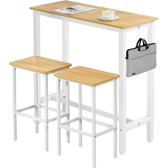 Finnhomy Bar Table Set, 39.3" Pub Table High Top Table, Rectangular Bar Height Table, Bar Table with Stools, Kitchen Table Set for 2, Breakfast for Kitchen, Living Room, Oak Beige and White