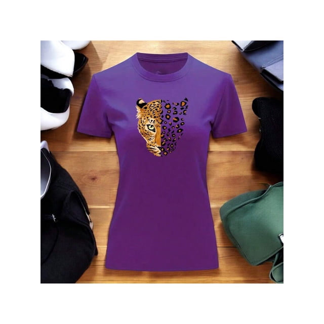 Playera Blusa Con Estampado De Jaguar Animal Print Ropa Para Mujer Color Morado Talla Mediana Marca Emil SaEs
