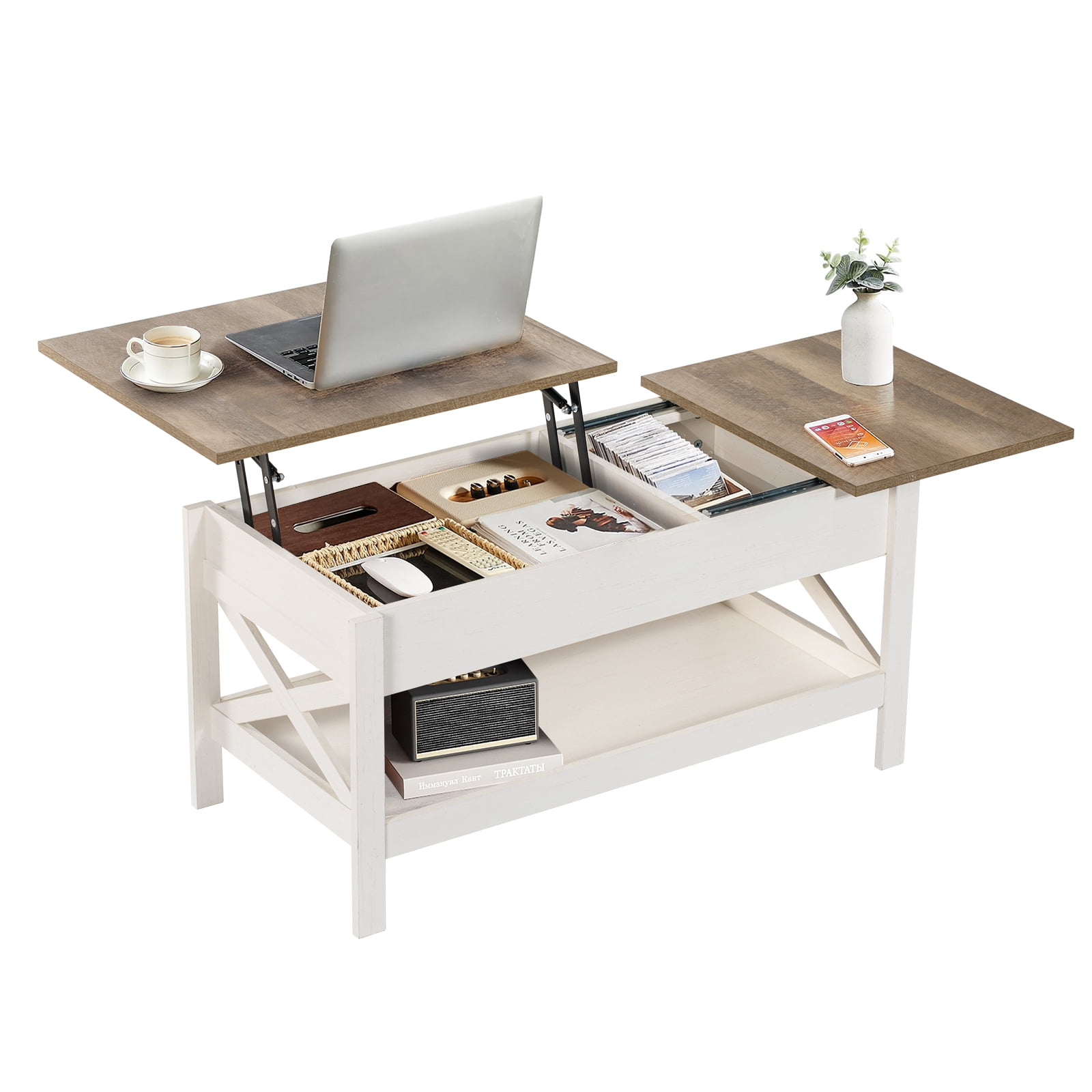 Nalone Coffee Table Lift Top Dining Table with Shelf, Center Table Adjustable Height Tea Tables Wooden Center Tables with Hidden Compartments for Living Room Apartments(Beige Brown)