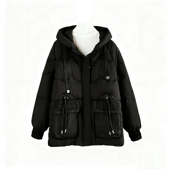 Enjoytime Winter Coats for Women Long Sleeve Full Zip Hooded Outerwear Thicken Warm Puffer Jacket Plus Size Fall Fashion Clothing Black XXL
