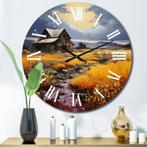 Designart "Yellow Barn Minimalsim horizon I" Countryside Oversized Wall Clock