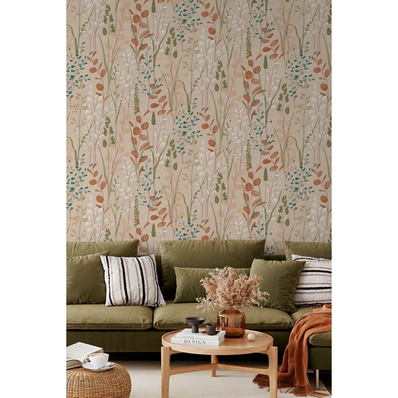 Bone/Viridian Green Leaf Motif Print Non Woven Non-Pasted Textured Wallpaper 57 Sq. Ft.
