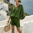 thumbnail image 2 of VBVC Women's 2 Piece V-Neck Batwing Sleeve Shorts Set, Ladies' Soft Breathable Top and Drawstring Shorts,Summer Loungewear For Women,Army Green,S-2XL, 2 of 9
