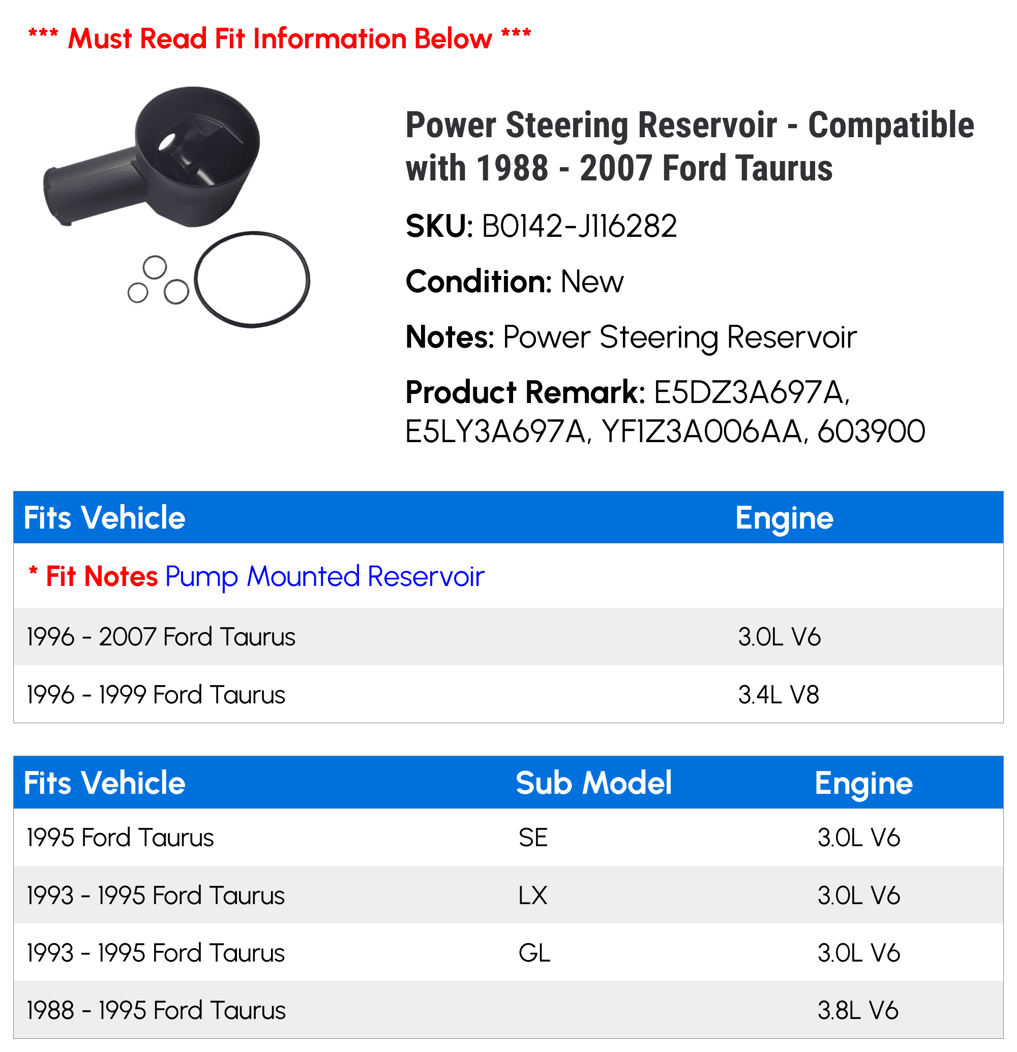 Power Steering Reservoir - Compatible with 1988 - 2007 Ford Taurus 1989 1990 1991 1992 1993 1994 1995 1996 1997 1998 1999 2000 2001 2002 2003 2004 2005 2006