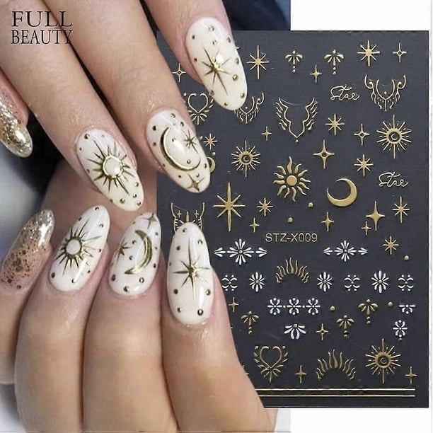 4 Sheets Sun Star Nail Art Stickers Bronzing Moon Nail Decals 3D Self-Adhesive Heart Nail Stickers Rose Gold Sliver Starlight Moon Star Nail Designs S
