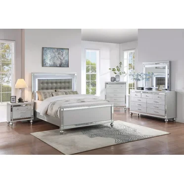 Contemporary 4pc King Size Bed Set W LED Tufted Faux Leather Dresser Mirror Nightstand Silver Master Bedroom Furniture