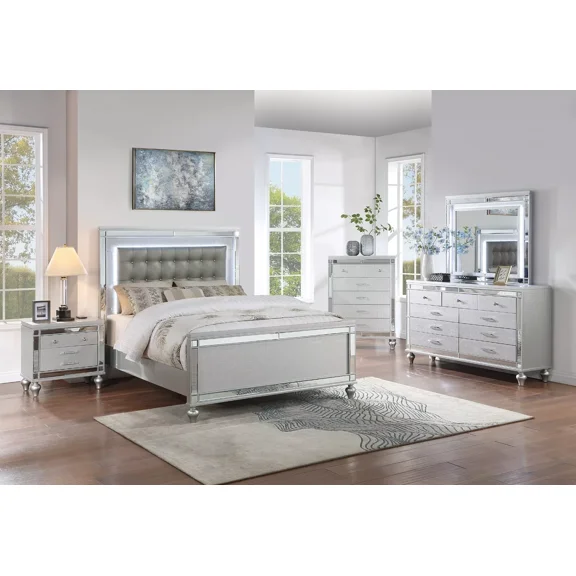 Contemporary 6pc Queen Size Bed Set W LED Tufted Faux Leather Dresser Chest Silver Master Bedroom Furniture