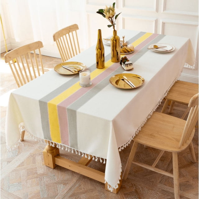 Mantel a rayas de tela simple, tapete de mesa a prueba de polvo de algodón y lino, mantel rectangular para decoración de la cocina del hogar (140 * 140 cm, color)