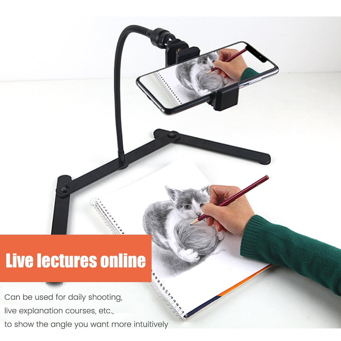 Adjustable Tripod with Cellphone Holder, Overhead Phone Mount, Table Top Teaching Online Stand for Live Streaming
