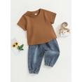thumbnail image 3 of Kids Boys Clothes Sets 2pcs Solid Short Sleeve Pullover T Shirts+Elastic Denim Ripped Pants, 3 of 8