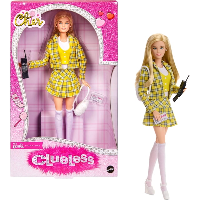 Muñeca Barbie Signature, Coleccionable Cher de Clueless con Traje de Cuadros Amarillo, Mochila, Celular y Accesorios de Permiso de Aprendizaje