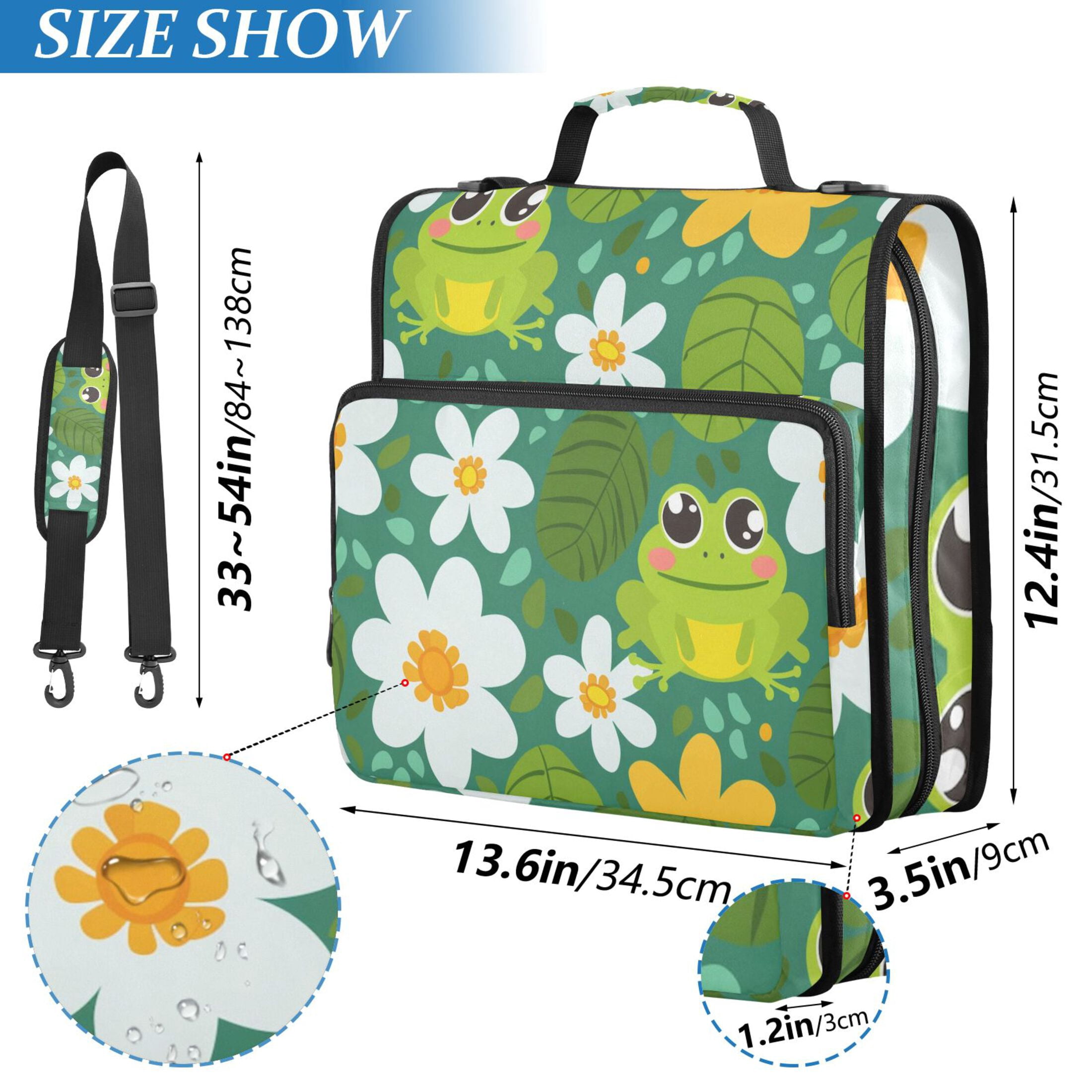 3 Ring Zipper Binder with Shoulder Strap Waterproof Trapper Keeper 2 Inch D-Ring 500 Sheets Capacity Cute Frog Leaf Flower