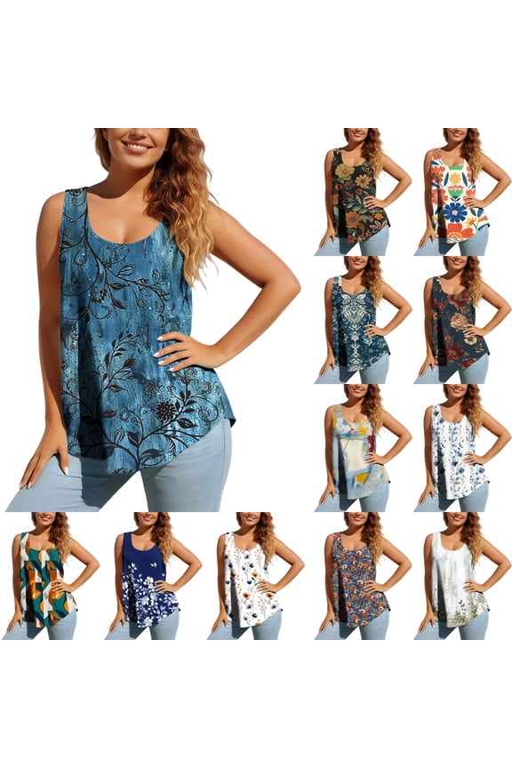 Women U Neck Sleeveless Loose Flowy Tank Top, Vintage Vines Floral Print Curved Hem Beach Casual Blouse Plus Size
