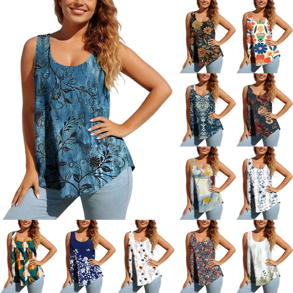 Jsaierl Women U Neck Sleeveless Loose Flowy Tank Top, Vintage Vines Floral Print Curved Hem Beach Casual Blouse Plus Size