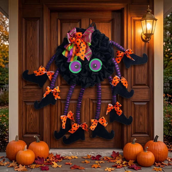 Bcylexb Halloween Spider Wreaths for Front Door, 21.6" Ruffled Wreath Witch Legs Bow , Spooky Fall Hanging Wreaths for Outdoor Porch Wall Holiday Party