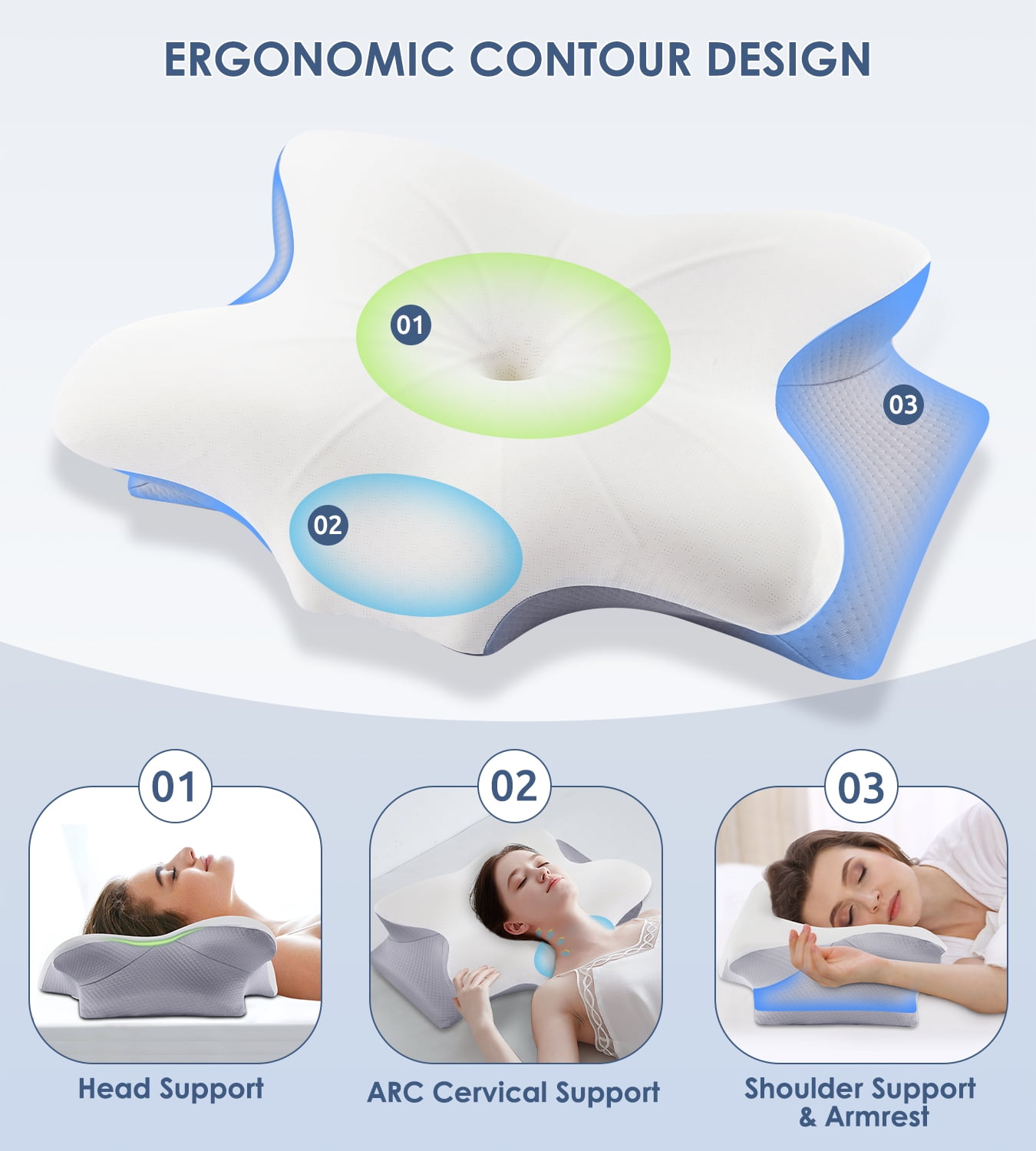 MOONORAH Cervical Pillow for Neck Pain Relief, Contour Memory Foam Pillows, Odorless Ergonomic Neck Pillow Adjustable Orthopedic Bed Pillow for Side Back Stomach Sleeper with Pillowcase, Queen Size