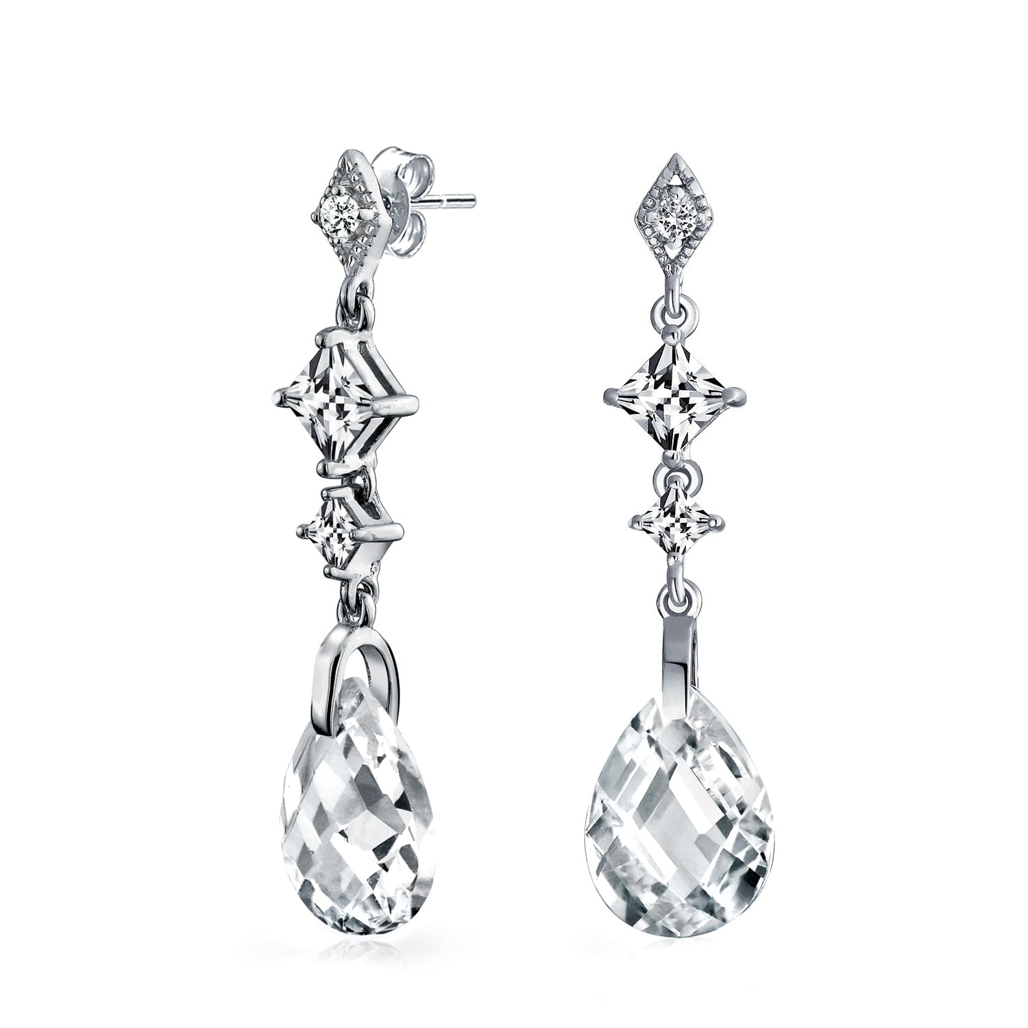 Sterling Silver 925 Faceted Pear CZ Large Halo Drop Dangle Post Earrings 