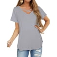 thumbnail image 3 of TWZH Women Solid Color Cross V Neck Tee Short Sleeve Base Plain T-Shirt, 3 of 8