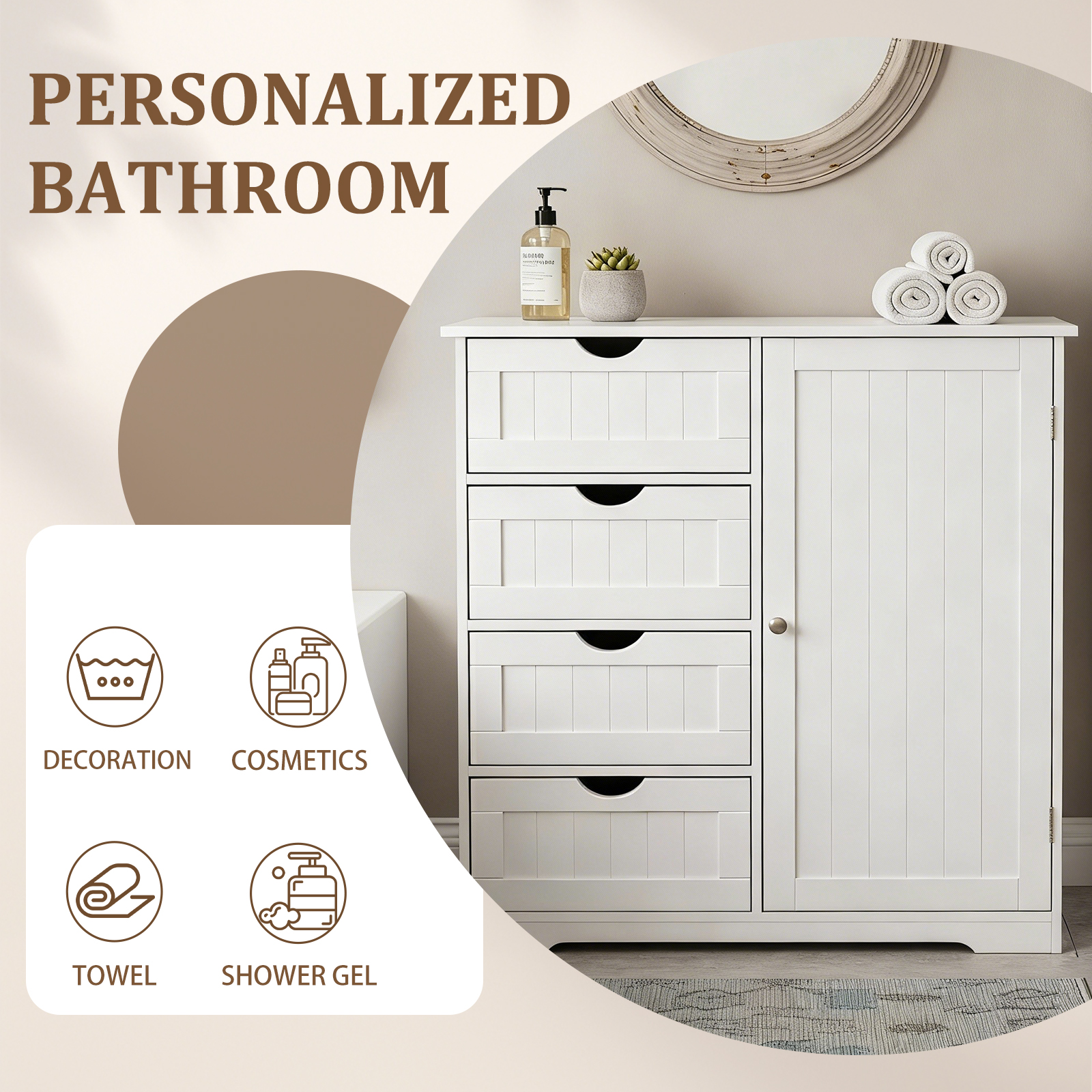 Ktaxon Larger Wooden Bathroom Floor Cabinet, Side Storage Organizer with 4 Drawers, 1 Cupboard & 2-Shelves, White