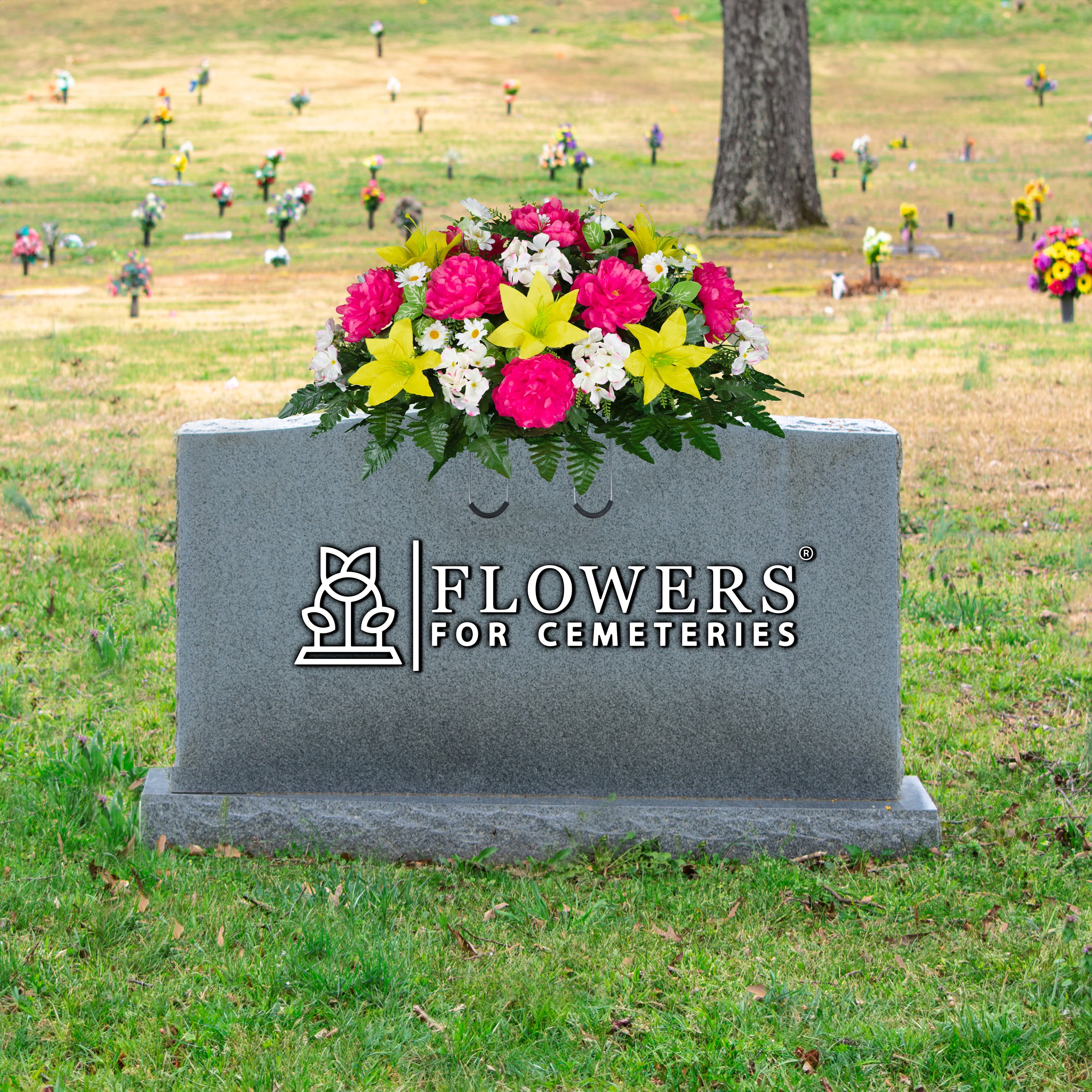 Sympathy Silks Artificial Cemetery Flowers Pink Peony and Yellow Lily Saddle for Headstone