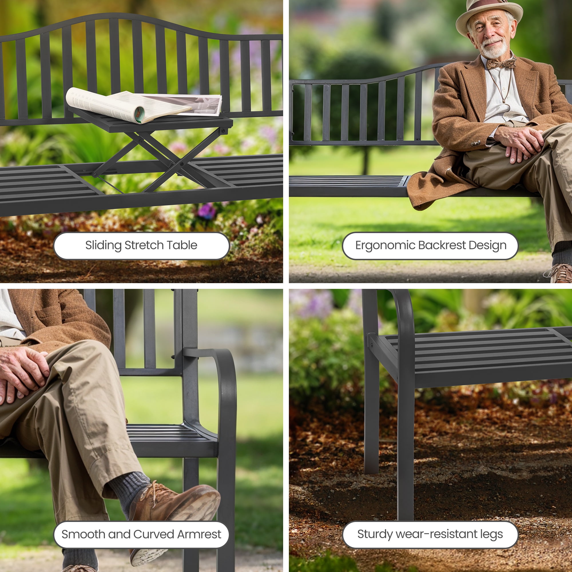 Naipo Outdoor Metal Garden Bench 59" Patio Bench with Built in Table Park Bench, Outside Bench Weather Proof Front Porch Bench, 500lbs