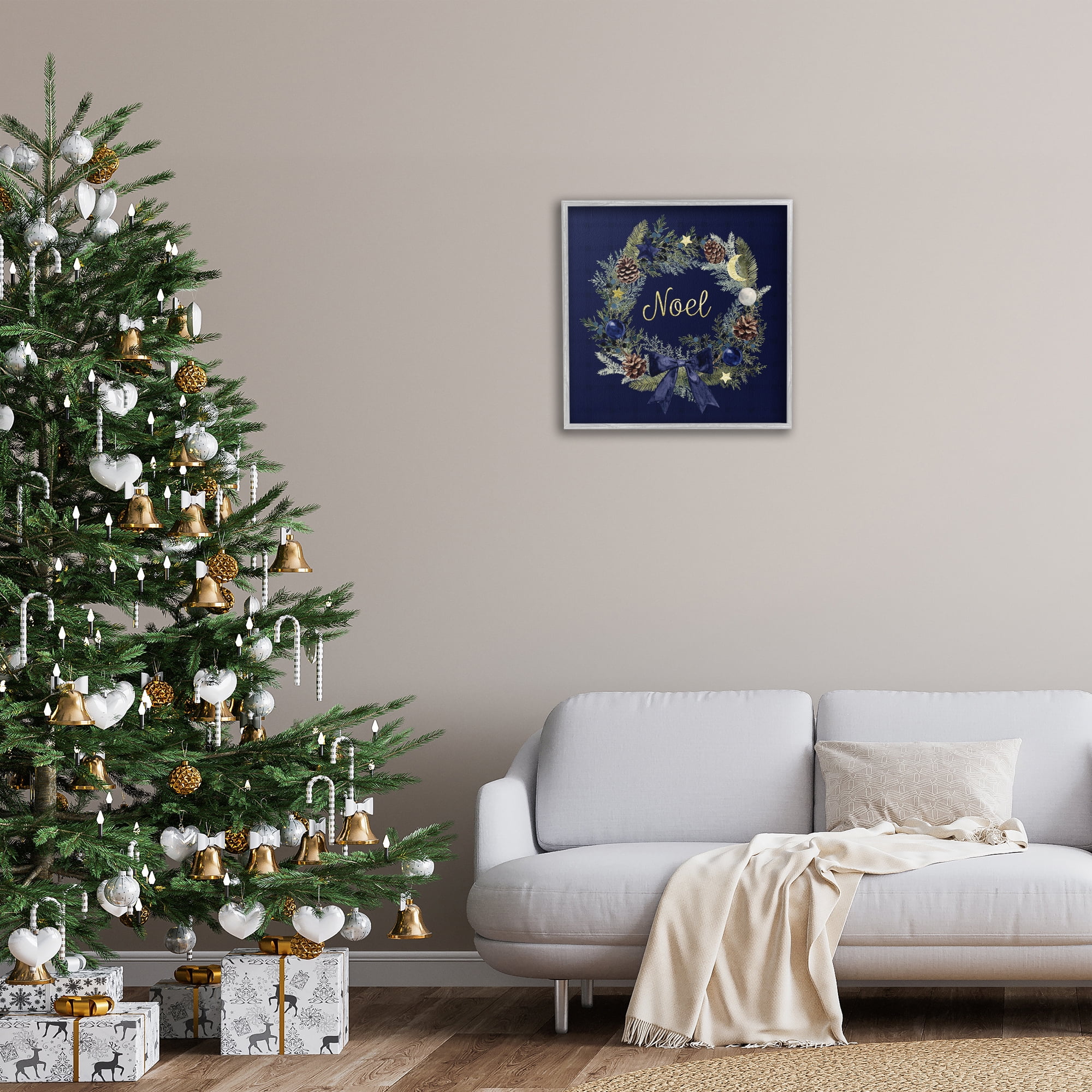 Stupell Industries Noel Holiday Wreath Holiday Painting Gray Framed Art Prints Wall Art, 24 x 24