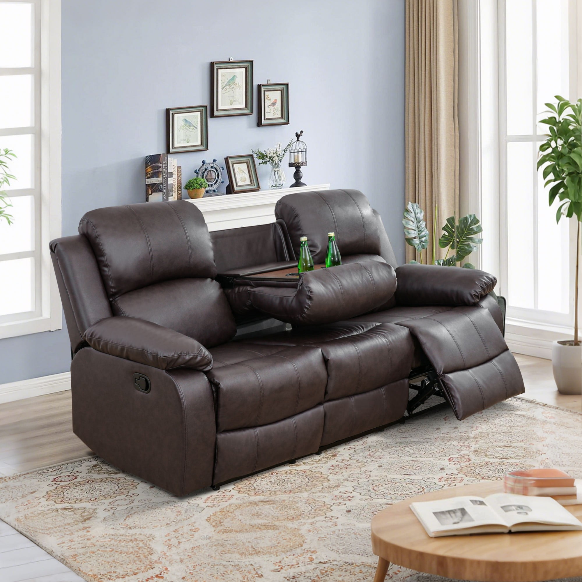 Gewnee Brown 3-Piece Living Room Air Leather Recliner Sofa Set with Console & Cup Holders