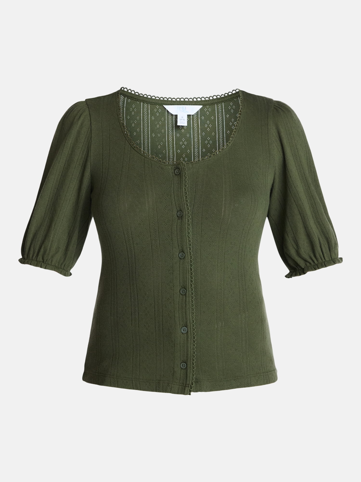 Time and Tru Women's Pointelle Top with Short Sleeves, Sizes XS-XXXL