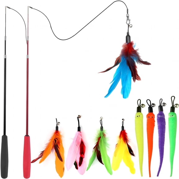 CYFW Cat Toys for Indoor Cats, Interactive Cat Toy 2Pcs Retractable Wand Toy And 9Pcs Cat Feather Toys Refills, Funny Kitten Toys Cat Fishing Pole Toy for Bored Indoor Cats Quest And Exercise