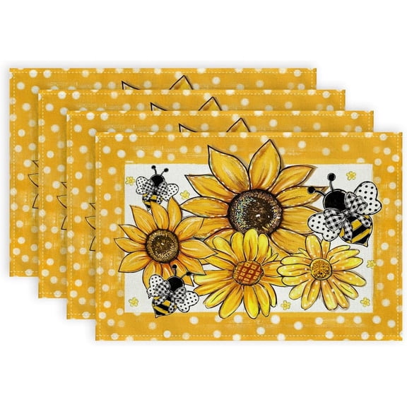 4pcs Printed Placemats Sunflower Daisy Flower Placemats Table Mats Durable Washable Rustic Linen Vintage Placemats for Home Dinner Party Camping Wedding Table Decoration 12 x 18 inches
