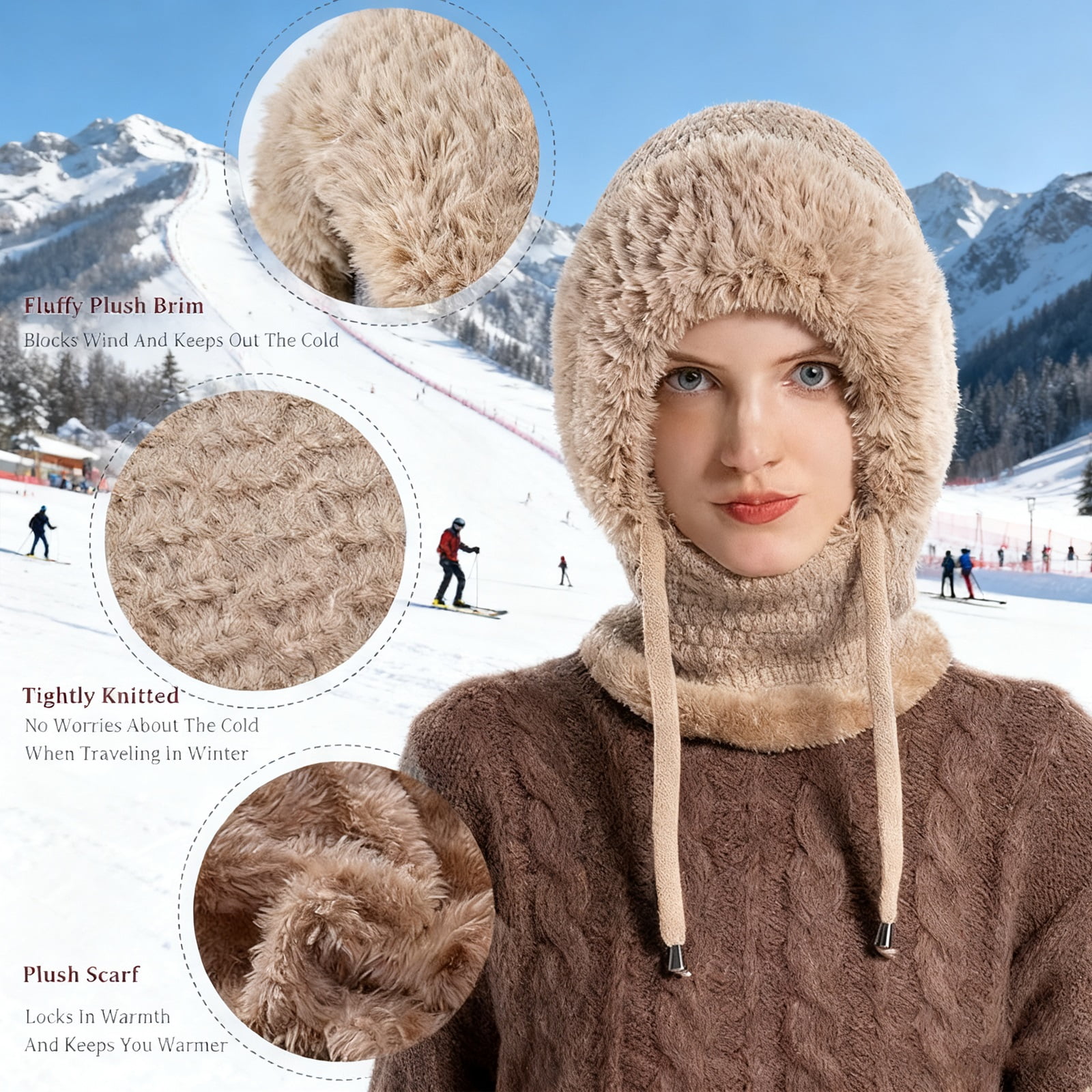 3 In 1 Beanie Hat for Women, Windproof Cold-Proof Balaclava Hat with Scarf and Mask for Snow Caps Ski