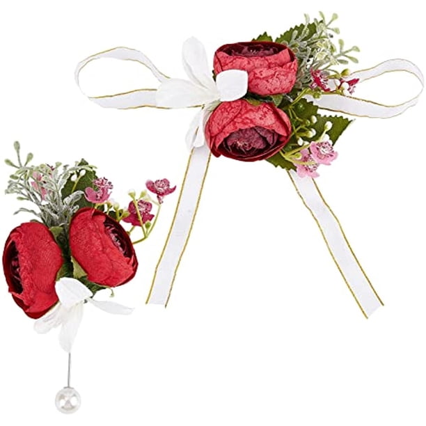 2 piezas de ramilletes de flores para muñeca, ramilletes de boda, cinta para muñeca, rosa roja, flores artificiales, ojales para muñeca, flores para dama de honor, accesorios para flores de boda