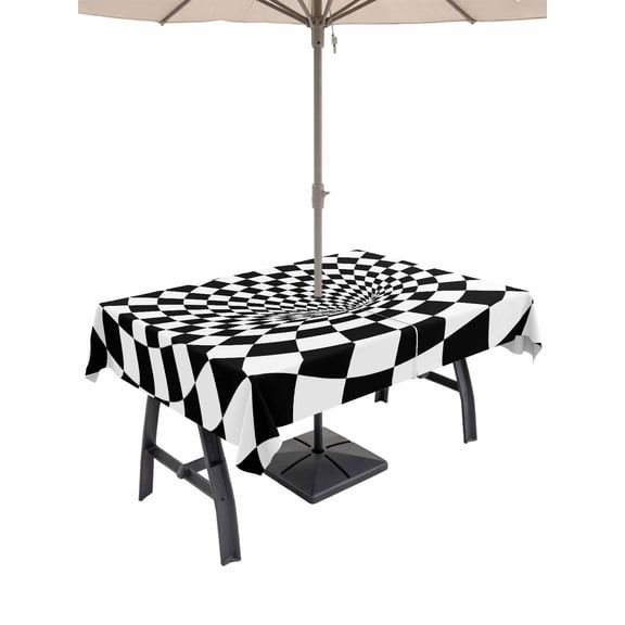 Outdoor Tablecloth with Umbrella Hole for Patio/Picnic/Party/Camping, Black White Checkered Waterproof Table Cloth Rectangle Table Cover Washable, Modern Abstract Art (60"x 102")