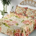 thumbnail image 5 of Ambesonne Retro Fitted & Top Sheet Set with Shams, Psychedelic Floral Motif, Pink Green Cream, 5 of 8