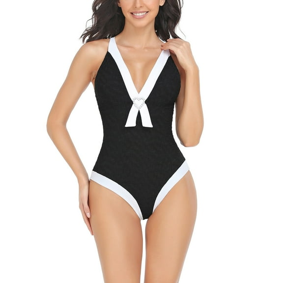 Lu's Chic Women's High Waisted Bathing Suit Beach Swimwear Sexy One Piece Padded Spandex Metal Sleeveless Swimsuit Black Small