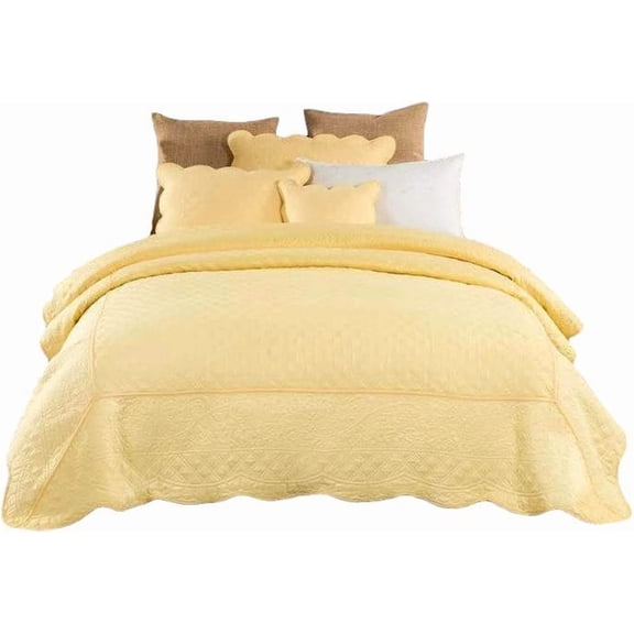 Tache Quilted Yellow Scalloped Buttercup Puffs Matelasse Bedspread Coverlet Set, Queen