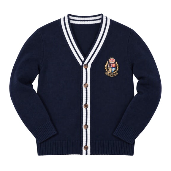 Arshiner Boys Girls School Uniform Cardigan Sweater Soft V-Neck Preppy Knit Outerwear, Embroidered Badge, Unisex Anti-Pill Long Sleeve Button Uniform Cardigan 3-10Y