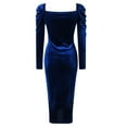 thumbnail image 5 of IWRICH Square Neck Long Sleeve Velvet Skirt for Women Ruched High Waisted Bodycon Mini Cocktail Dresses Blue S, 5 of 5