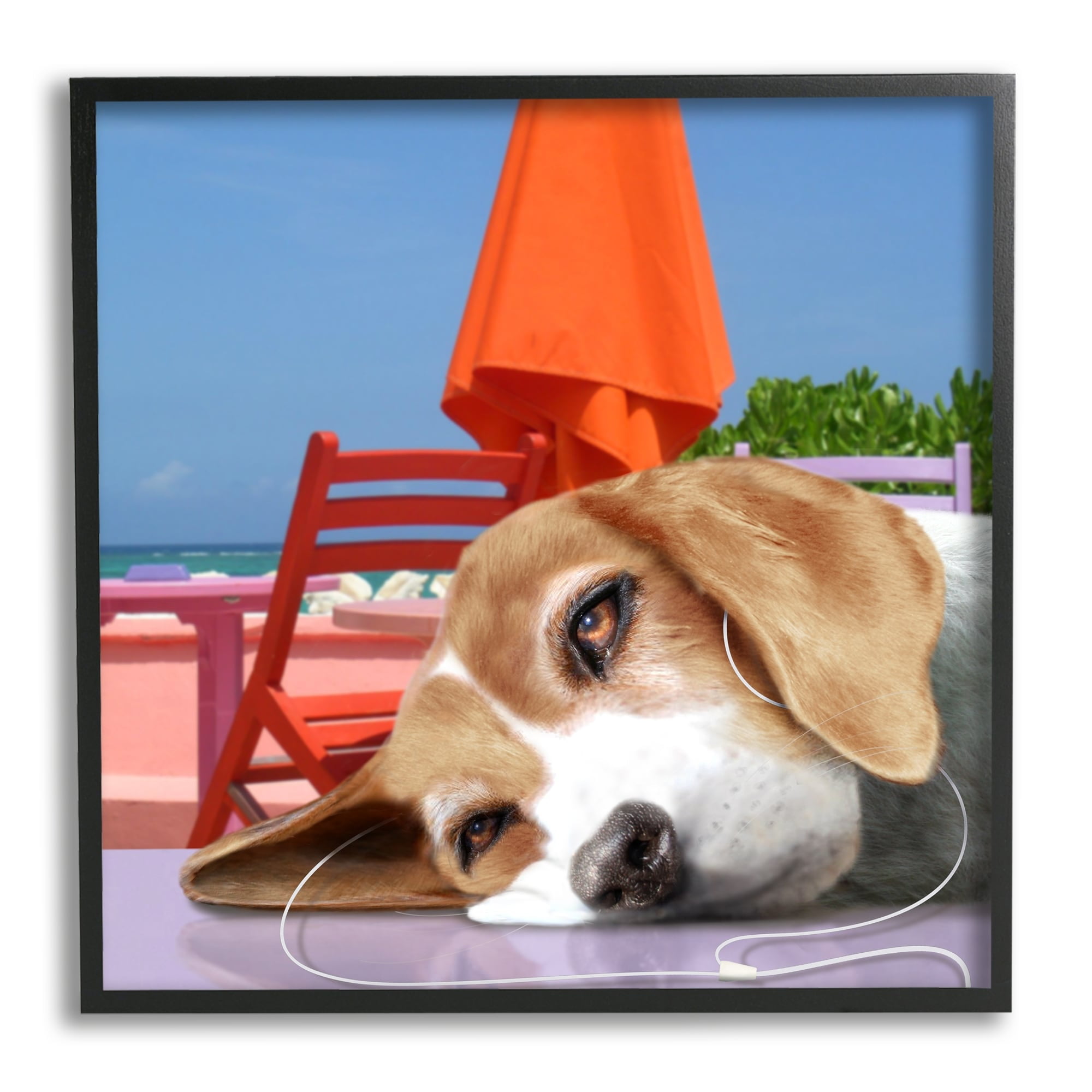 Stupell Industries Tired Dog Laying Music Headphones Summer Beach Graphic Art White Framed Art Print Wall Art, Design by Noah Bay