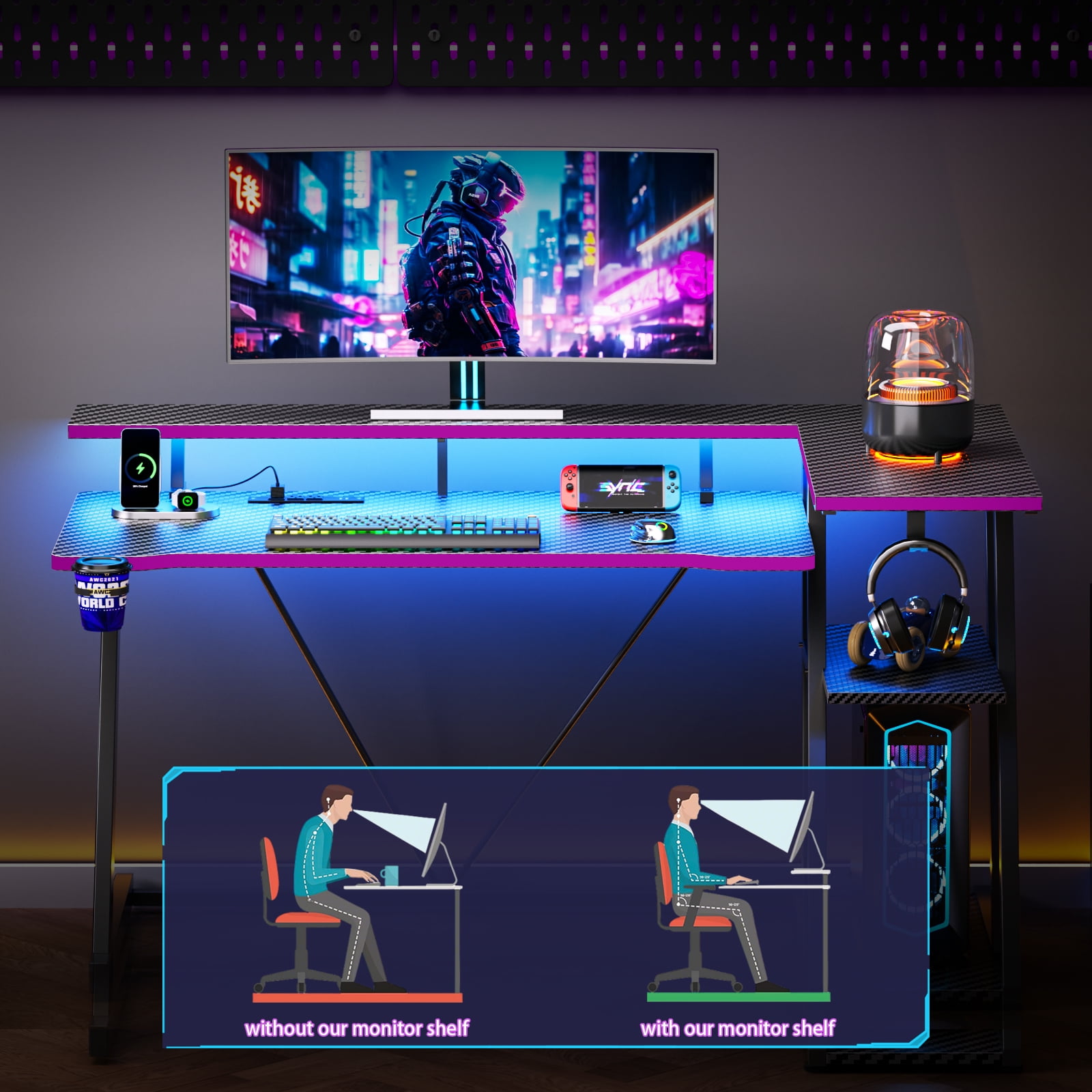 Satifur 47" Pro L-Shaped Gaming Desk Black, RGB LED, Power Hub & Monitor Riser for Ultimate Setup