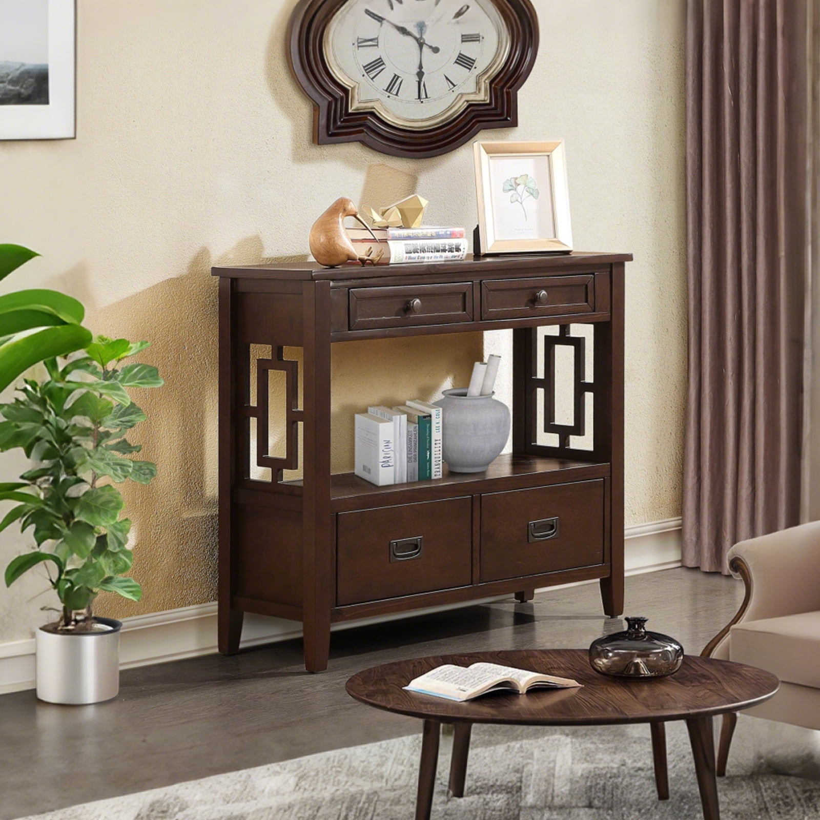 36'' Farmhouse Console Table,Pine Wood Entryway Table with 4 Drawers & 1 Storage Shelf for Entryway Living Room Hallway Kitchen (Espresso)