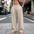 thumbnail image 2 of SAWOBUUN Men's Cotton Linen Pants Breathable Wide Leg Trousers Elastic Drawstring Waist Loose Fit Casual Summer Beach Pants, 2 of 9