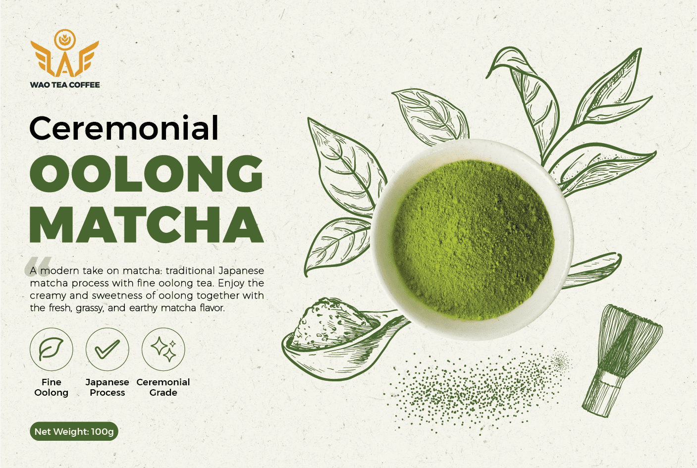 Ceremonial Oolong Matcha Powder, Premium Loose Leaf, Smooth & Floral, 100g