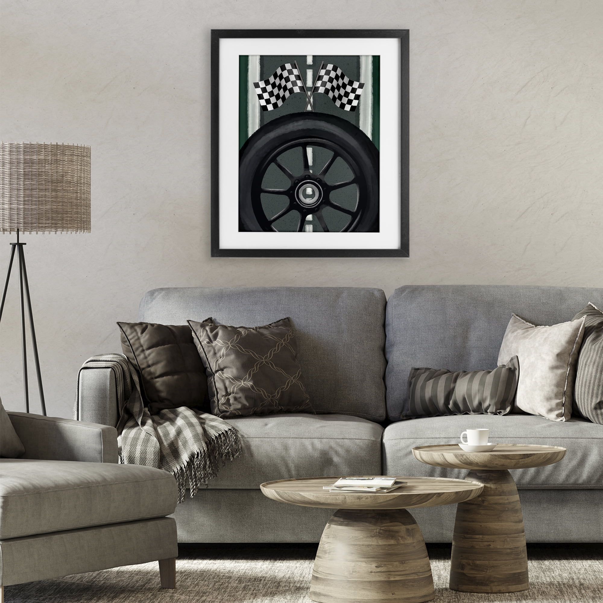 Stupell Industries Racetrack Flags & Tire Black Framed Print Under Glass, design by Jennifer Stith