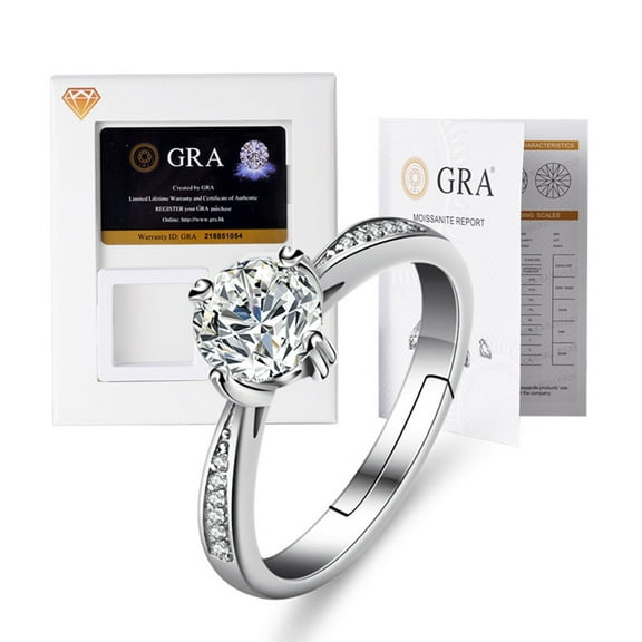 1 Carat Moissanite Ring for Women Color D VVS1 GRA Diamond 18k White Gold Over Silver Jewelry with Adjustable Open Wedding Promise Rings for Girl