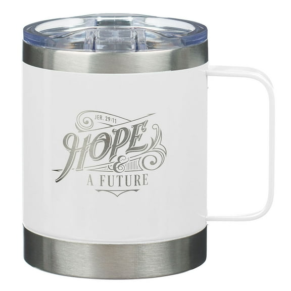 Hope and a Future Stainless Steel White Mug w/Jeremiah 29:11 - Camp Style Travel Mug, Christian Mug for Women/Men (11oz Double Wall Vacuum Insulated Coffee Mug with Lid and Handle)