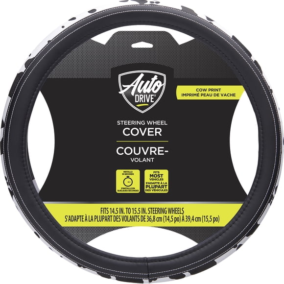 Auto Drive Black-White Cow Print Steering Wheel Cover